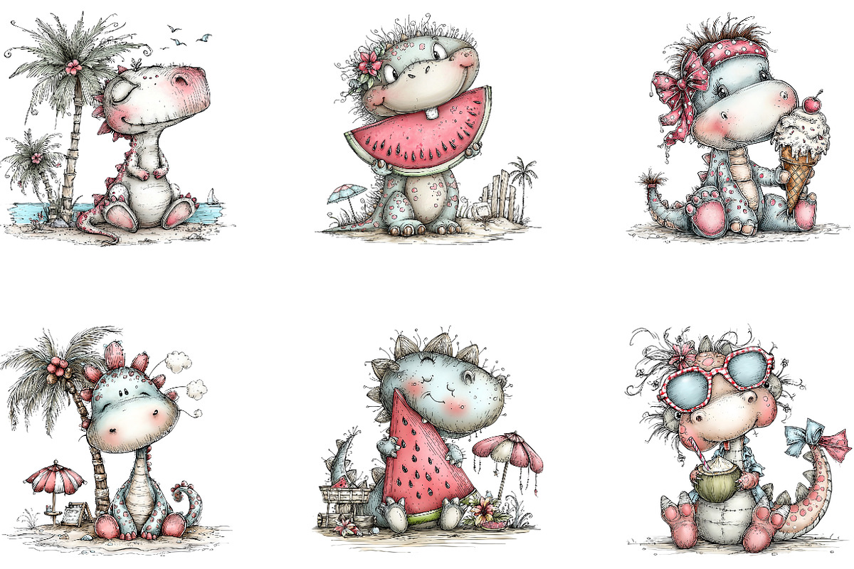 Cute Watercolor Beach Dino, a Seasonal Illustration by CreationArt (Photo 2 of 5)