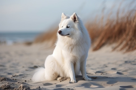 Beautiful Samoyed dog sitting on the, a Photo by Iftikhar Alam