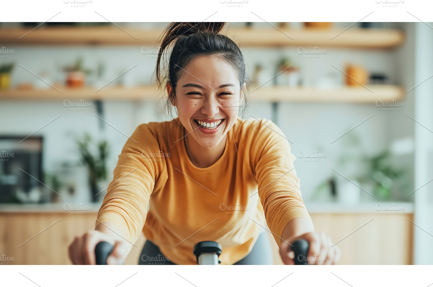 Asian woman smiling while exercising, an Architecture Photo by Sergey Kotenev
