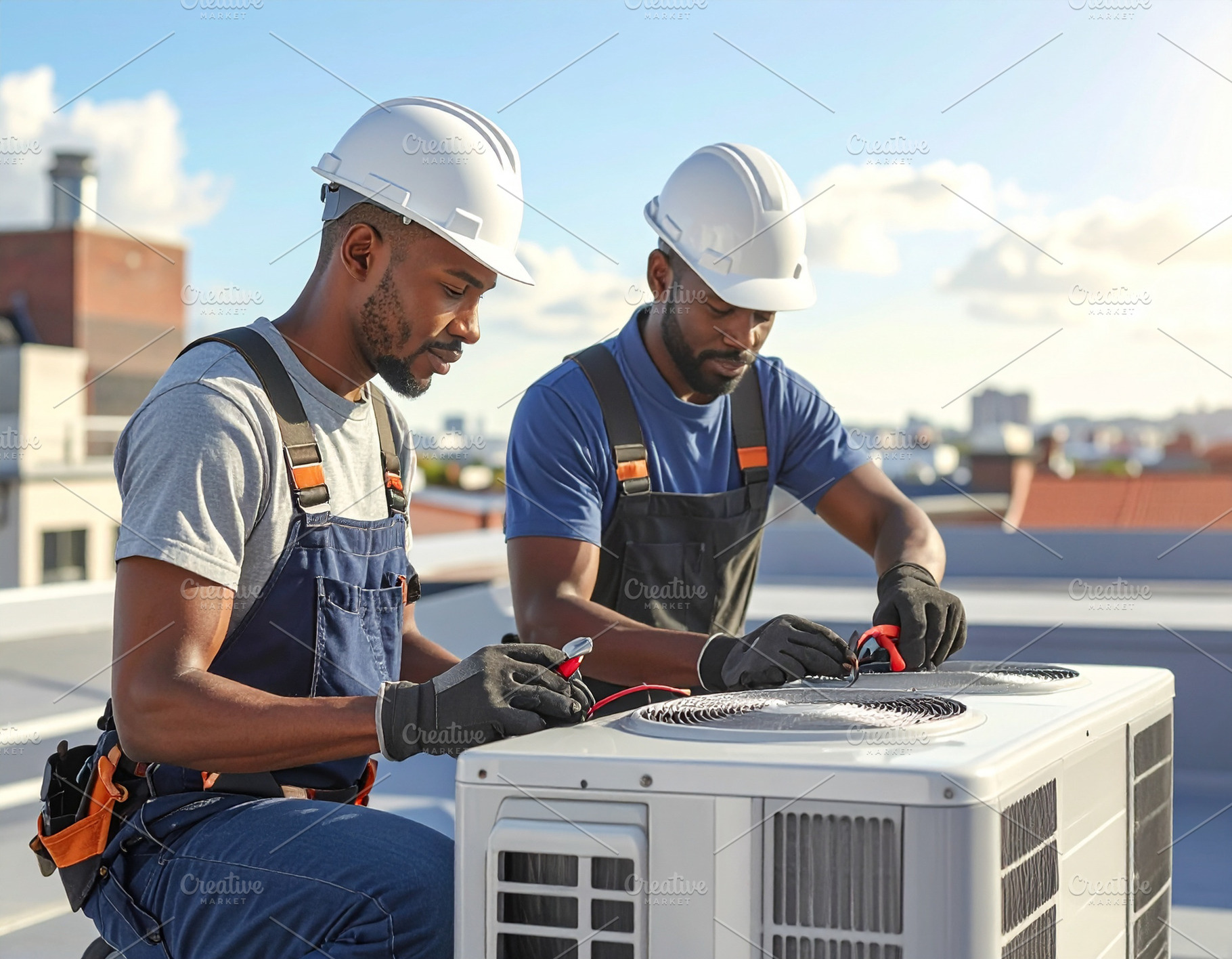 Technicians at rooftop installing air conditioner, an Industrial Photo by DanFLCreativo