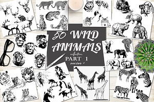 50 wild animals silhouette vector