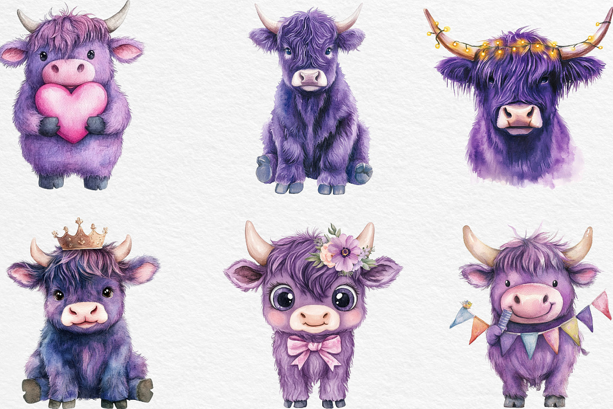 Purple Highland Cow Clipart, an Illustration by Black Bird Studio (Photo 4 of 6)