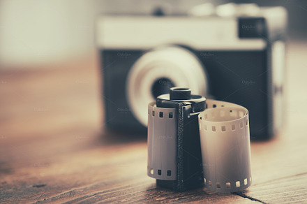 Old photo film rolls, retro camera