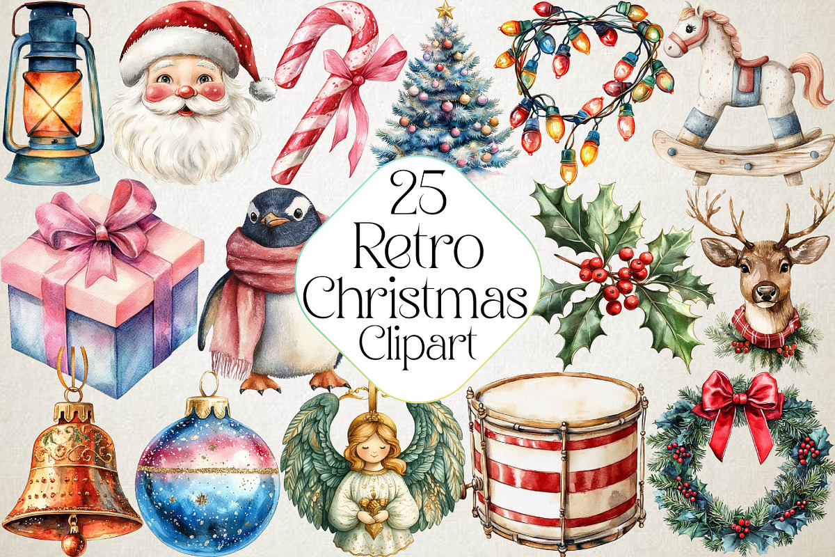 Watercolor Retro Christmas Clipart, an Illustration by DreamPrint404 (Photo 1 of 5)
