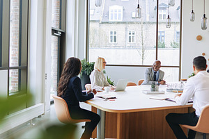 Smiling group of diverse businesspeople having a boardroom meeti