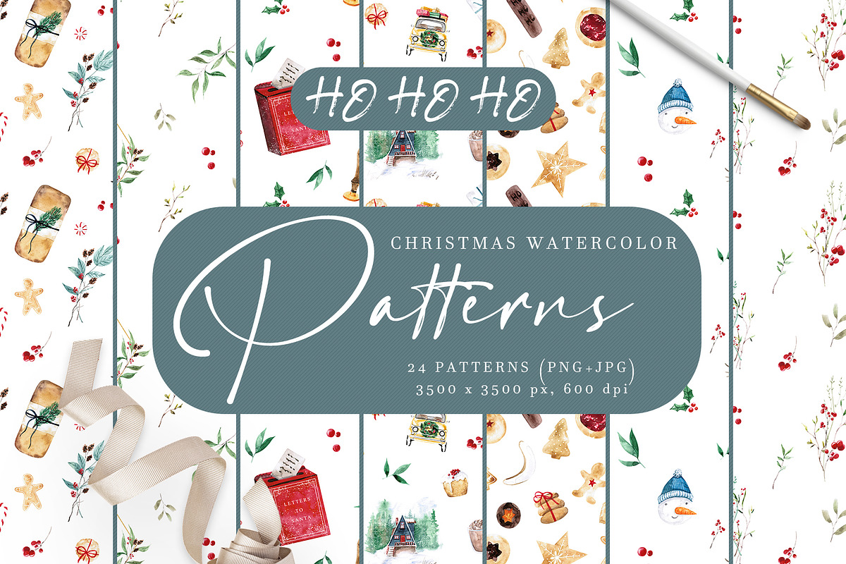 Christmas watercolor patterns, a Pattern Graphic by LeriaArt watercolor (Photo 1 of 8)