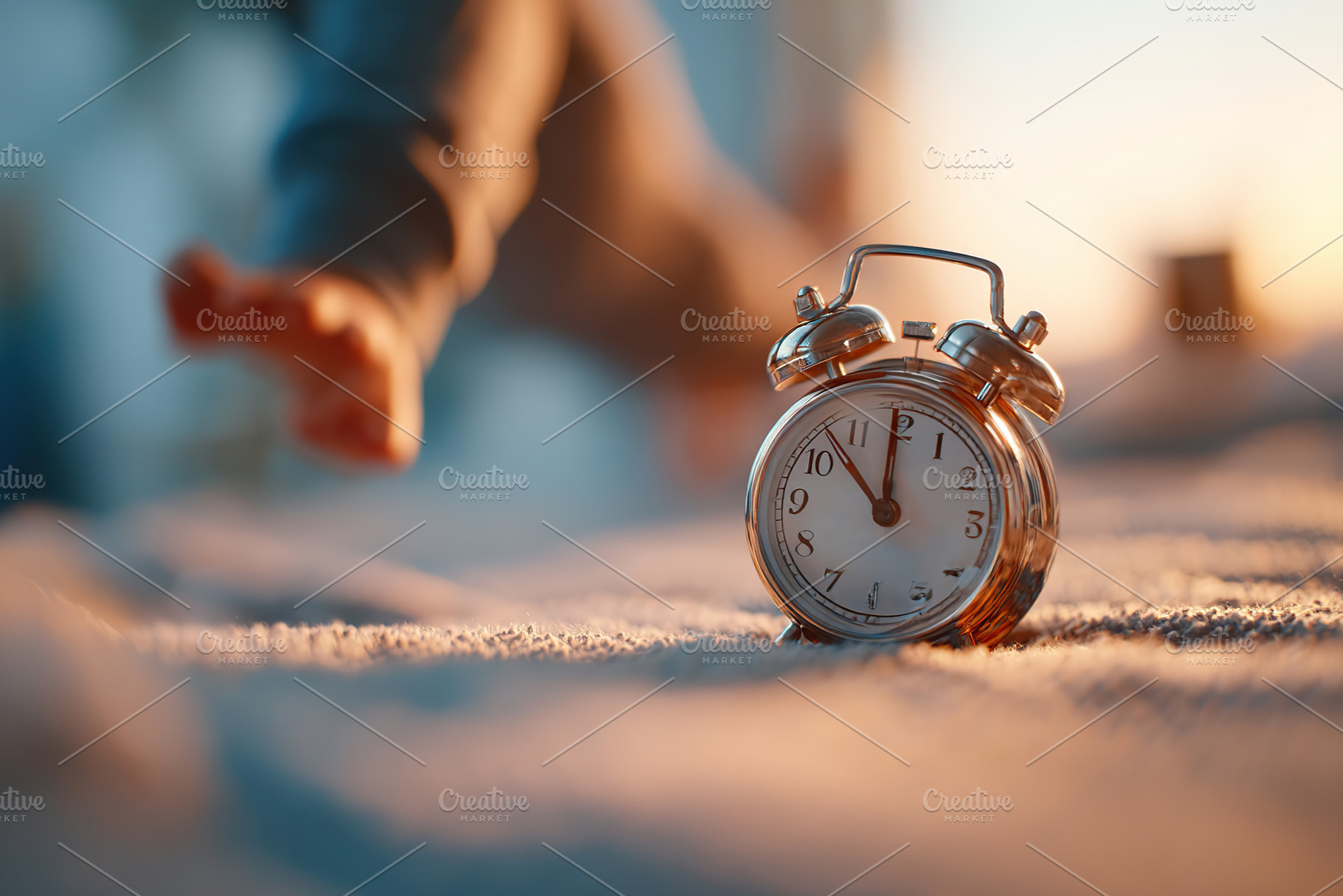 Alarm clock lies on the floor as a person rushes to start their day in a bright, a Photo by AlyaAnd