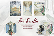 Watercolor Time Traveller Clipart, a Transportation Illustration by ArtCreationsDesign (Thumbnail 10 of 12)