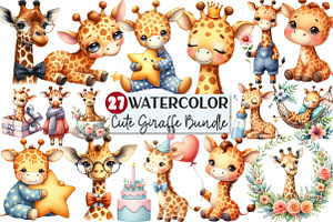 Cute Giraffe Watercolor Cliparts, an Illustration by Rose Art