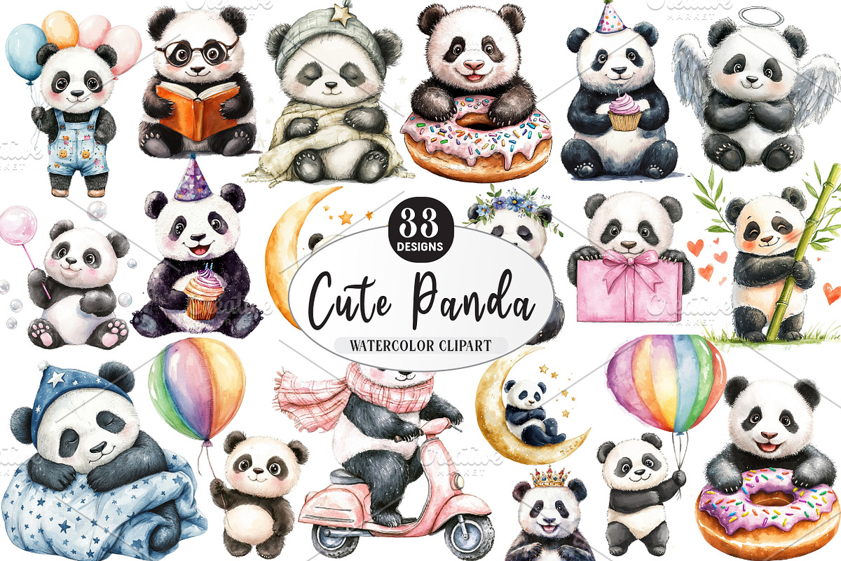 Cute Panda Sublimation Clipart, an Illustration by Watercolor design (Photo 1 of 4)