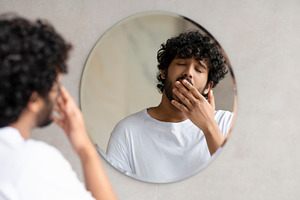 Sleepy indian guy yawning while standing near mirror in bathroom at home, doing, a Person Photo by Prostock-Studio