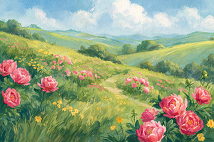 Blooming peonies and wild flowers covering rolling green hills u, an Illustration by Studio ANNA