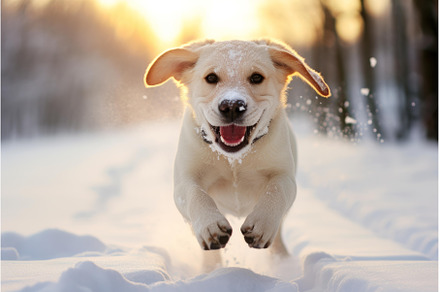 Happy labrador puppy running in the, an Animal Photo by Ylivdesign