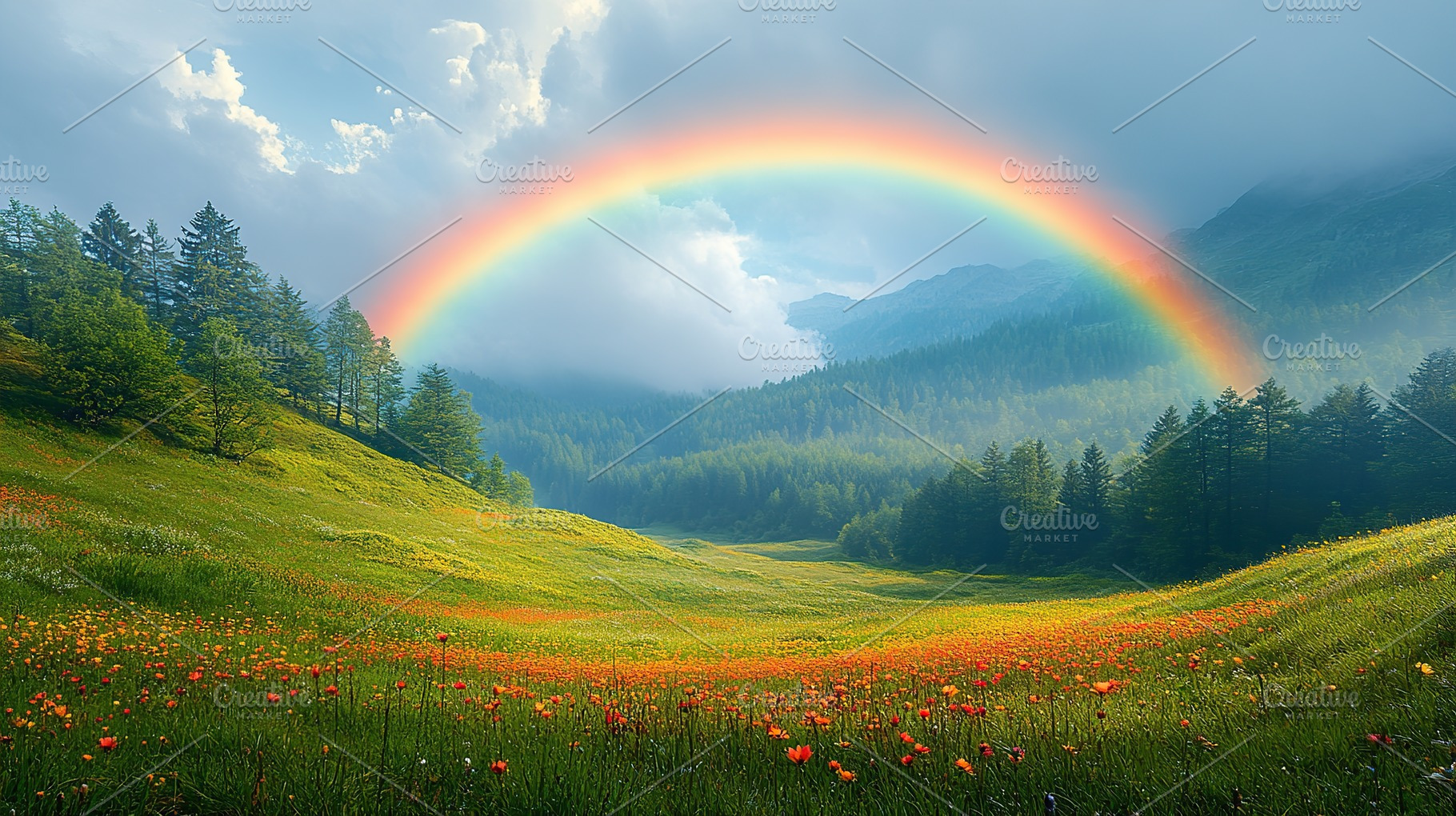 Beautiful rainbow on top of green forest and mountains, a Nature Photo by AlyaAnd