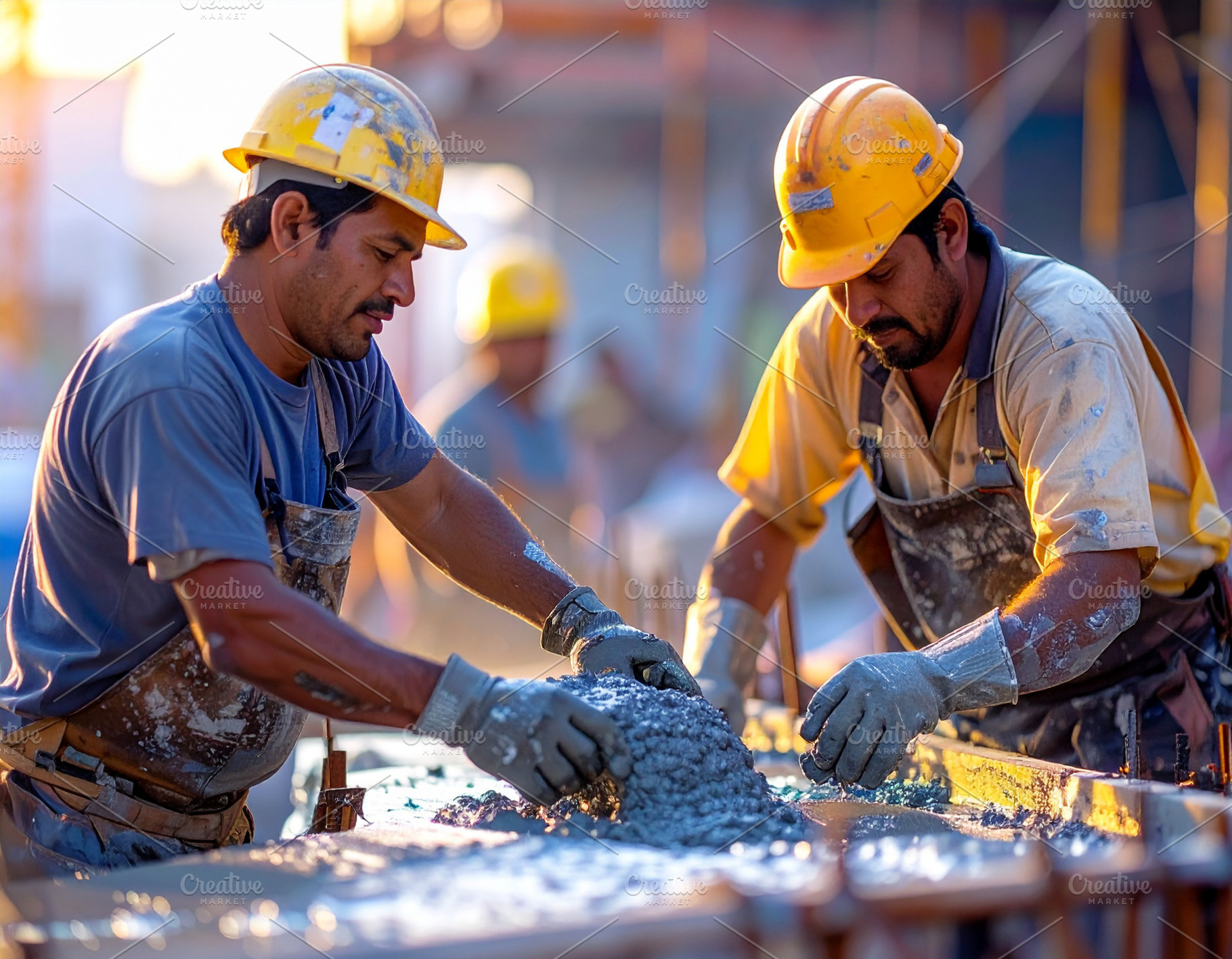 Workers pouring concrete on elevated platform, an Industrial Photo by DanFLCreativo