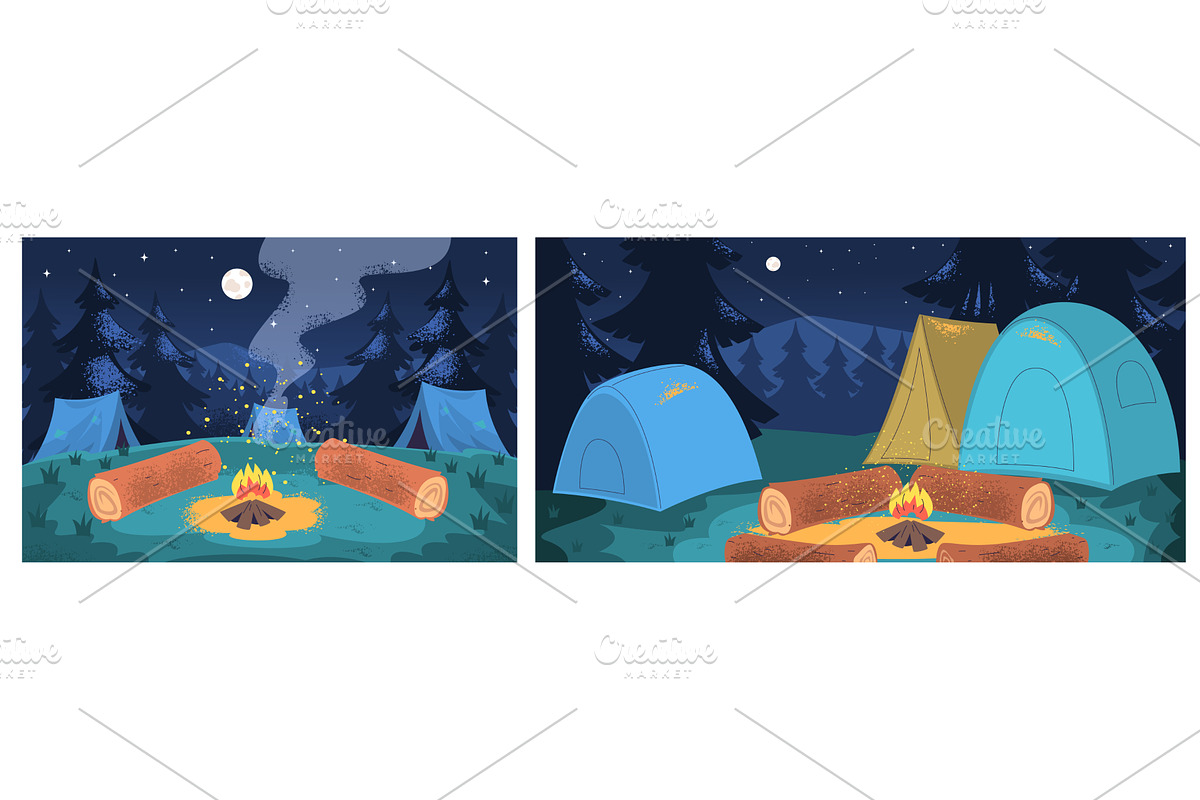 Night camp landscape. Camping tents, an Illustration by Stock-Smart-Start