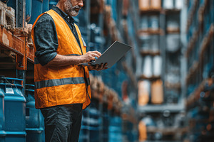 Warehouse worker using laptop checki, a Photo by Pixeness Studio