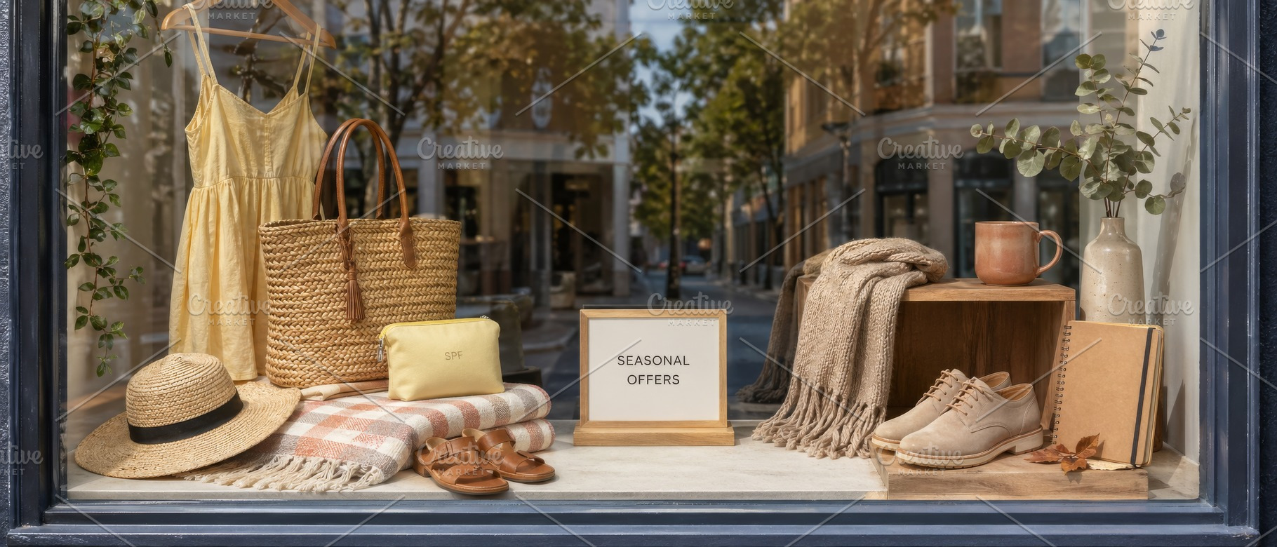 Shop window display with summer sale, a Photo by Dvoevnore photos
