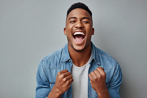 Joyful young man in denim jacket, a Person Photo by MistyDay