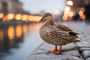 A duck stands on smooth cobblestones near the river as city lights twinkle in t, an Animal Photo by AlyaAnd