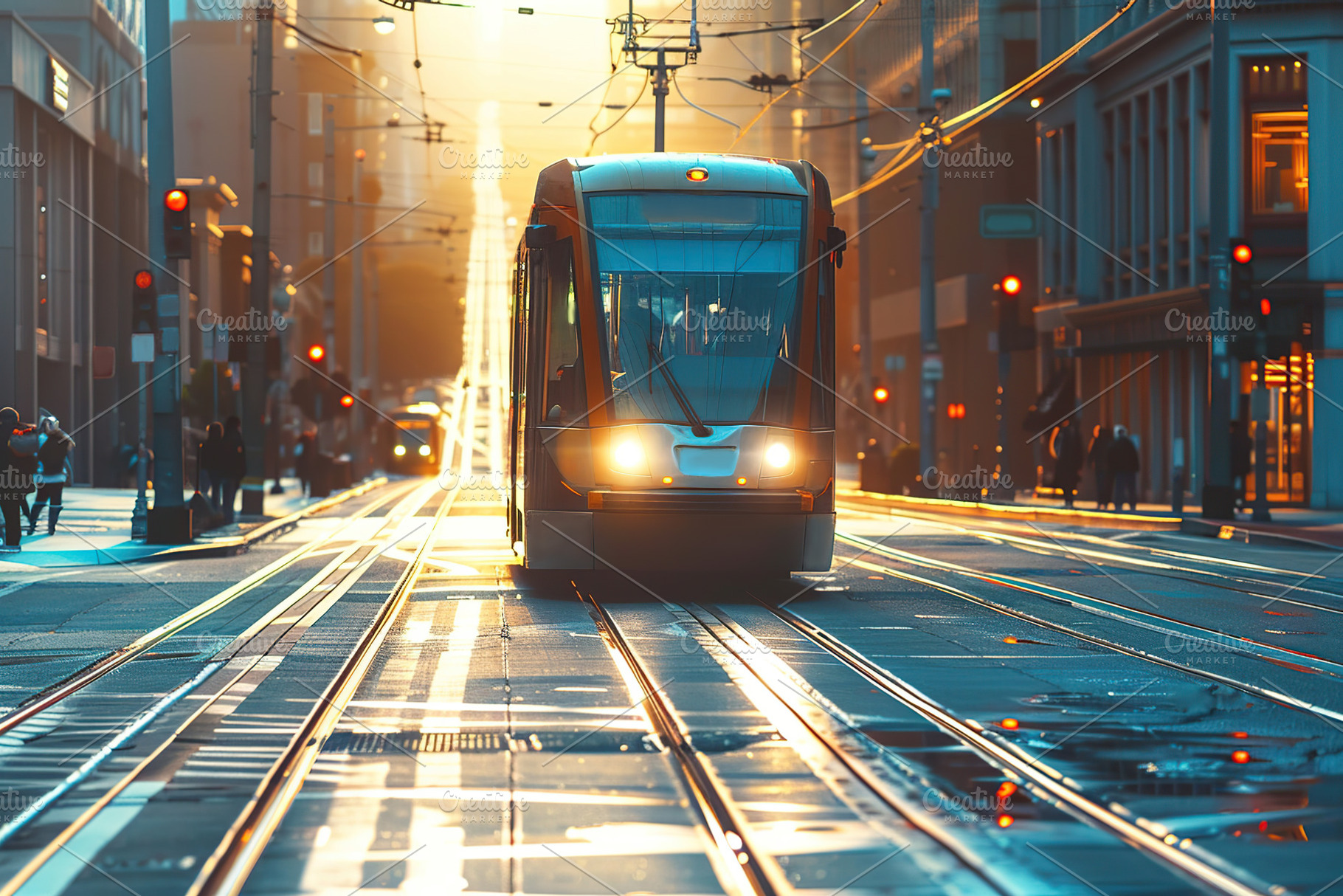 Modern city street with rails and tram, a Transportation Photo by AlyaAnd