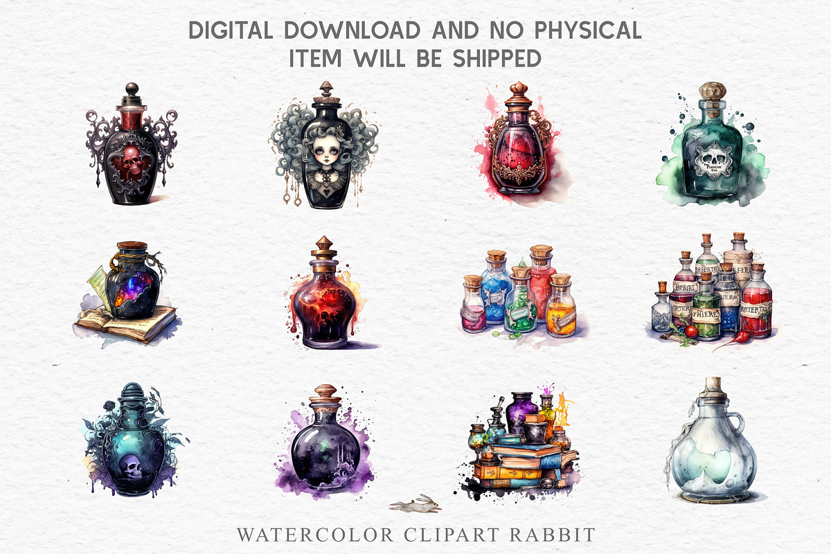 Witch Poison Bottles Scary Halloween, a Seasonal Illustration by Rabbit Heart (Photo 3 of 10)