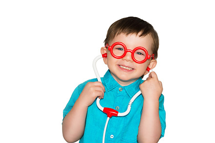 Little doctor with glasses featuring boy, blue, and white background