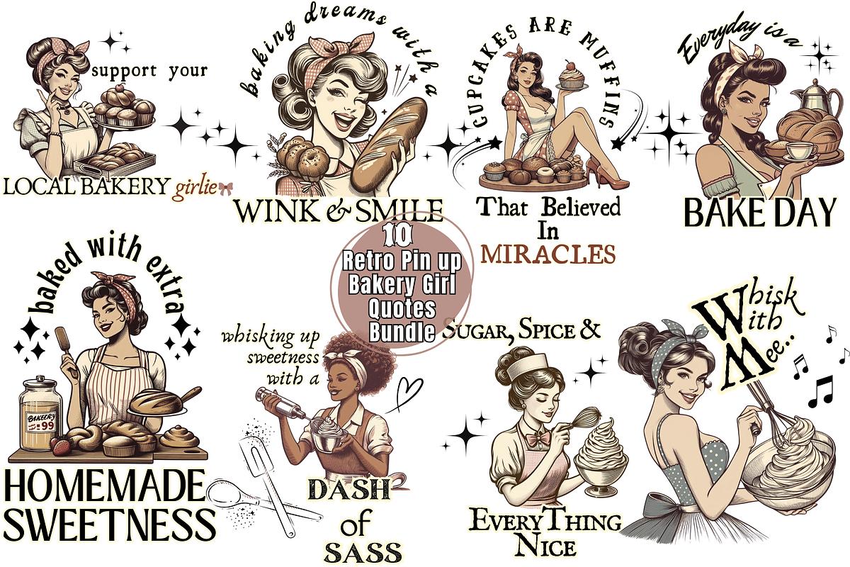 10 Retro Bakery Girl Quotes Bundle, a Food Illustration by ClipArtTime (Photo 1 of 4)