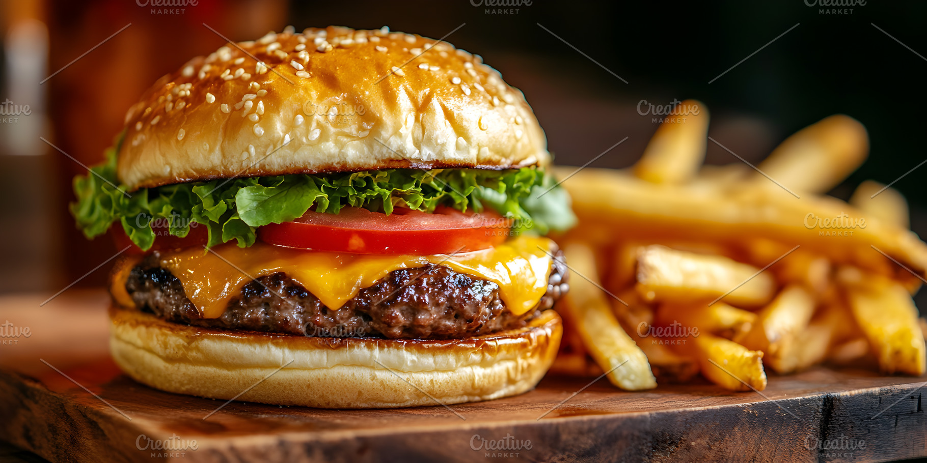 Cheeseburger with lettuce tomato and fries, a Food & Drink Photo by Photostock