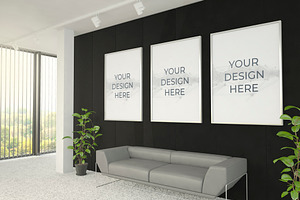 3 Frames Posters Mockup At Office