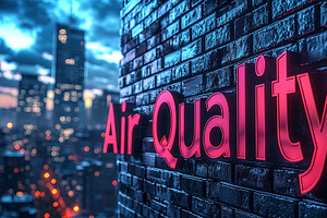 Air Quality Concept With Neon Lighting On Urban Brick Wall