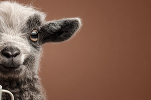 Adorable young goat with expressive eyes next to a white cup aga, an Abstract Photo by Ales Munt