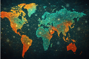 A digital world map highlighting, a Technology Illustration by Sergey Kotenev