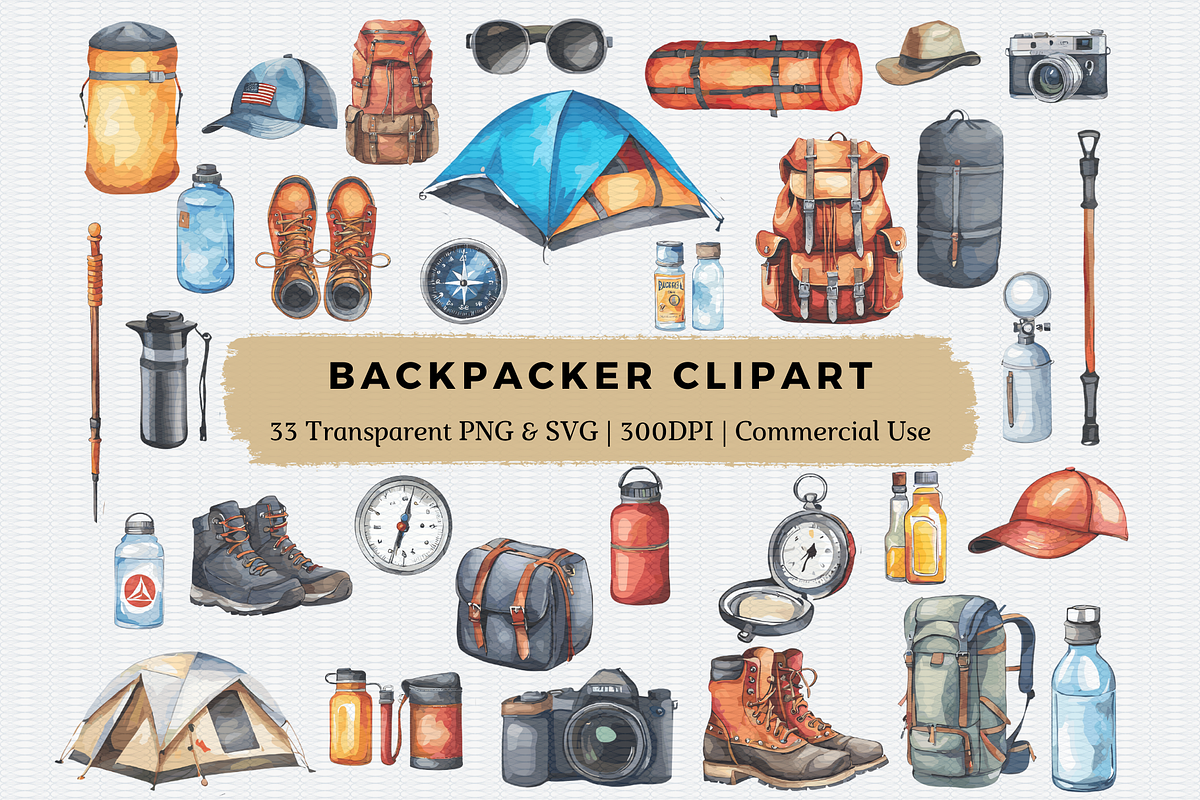 Watercolor Backpacker Clipart, an Object Illustration by Crafts of The Moon (Photo 1 of 2)