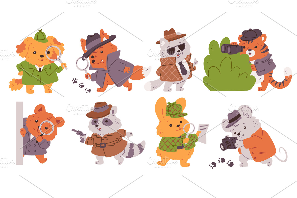 Detectives animals vector set, spy, an Animal Illustration by Sabelskaya