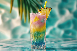Fresh cocktail with vibrant layers served in a tropical setting by the poolside, a Food & Drink Photo by AlyaAnd