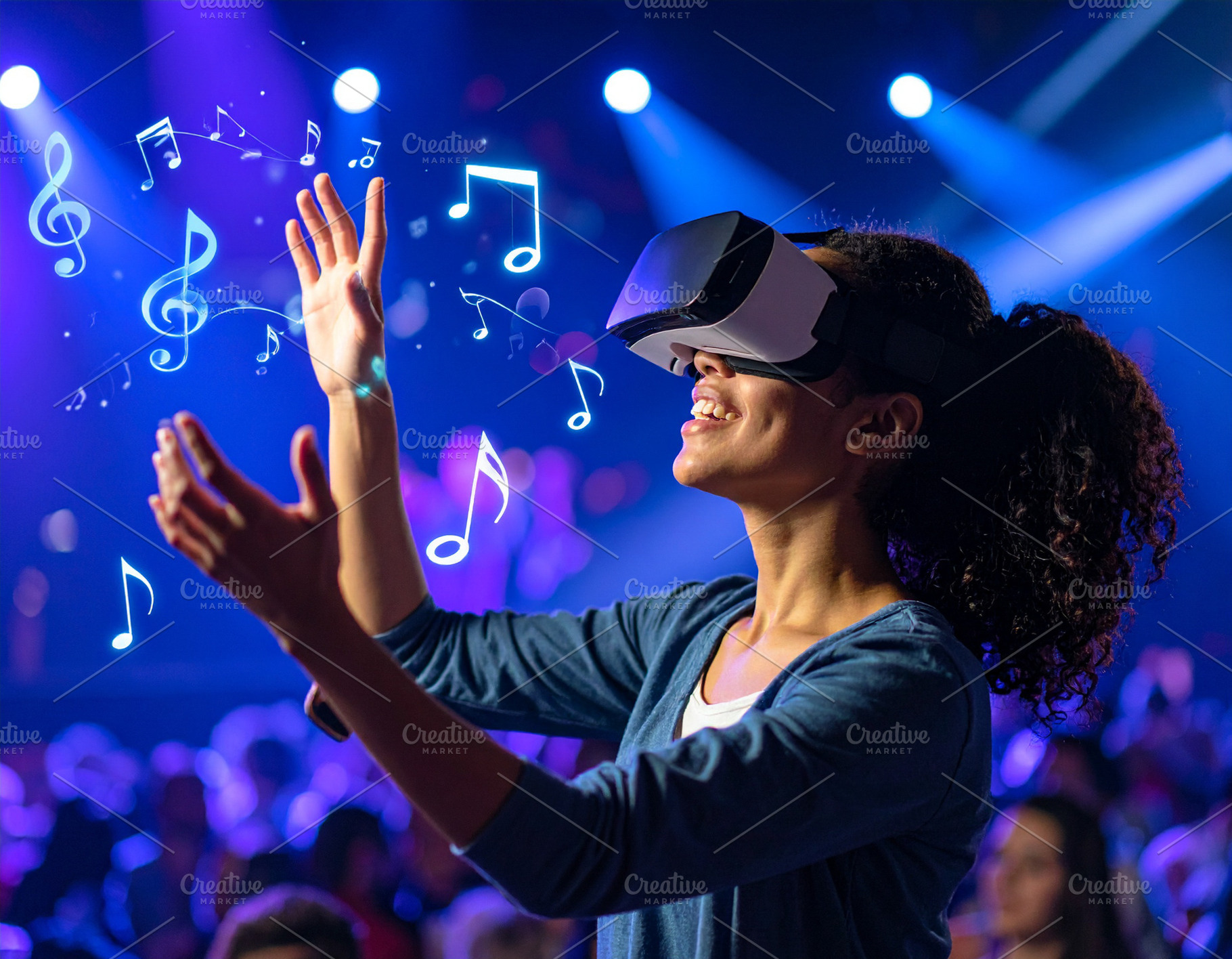 Young wearing sleek AR glasses in a stage with a crowded audienc, a Technology Photo by DanFLCreativo