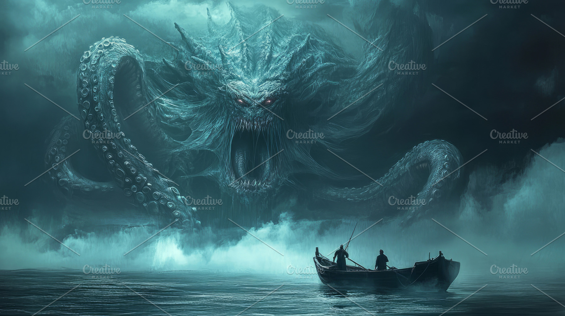 sea monster in the fog and fisherman on a boat, a Photo by Pictures for you!!!!!!!!!