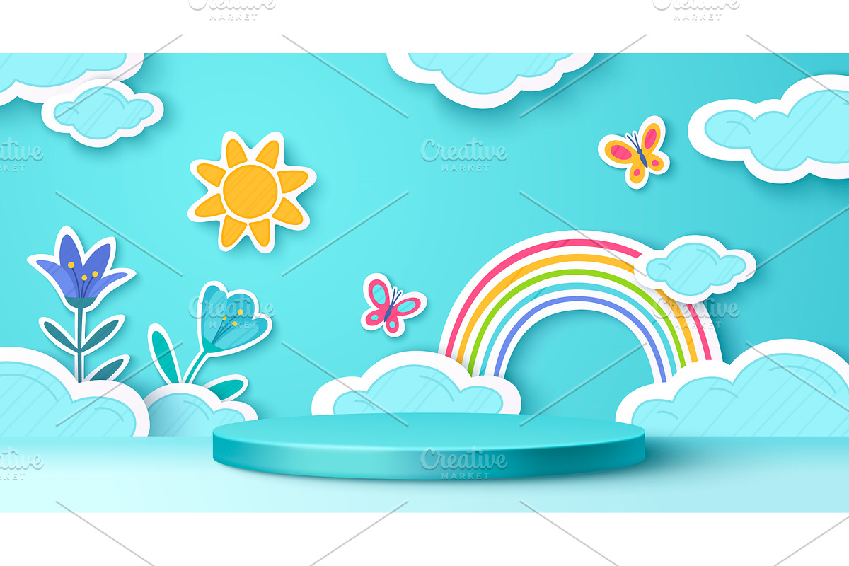 Paper cut rainbow scene with blue, an Illustration by art PVP - market