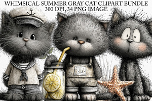 Whimsical Summer Gray Cat Clipart, an Illustration by Canvas Craft