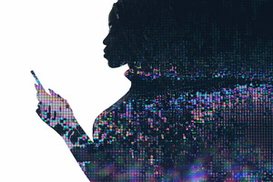 Digital communication neon glitch silhouette phone, a Person Photo by Photo Drive Studio