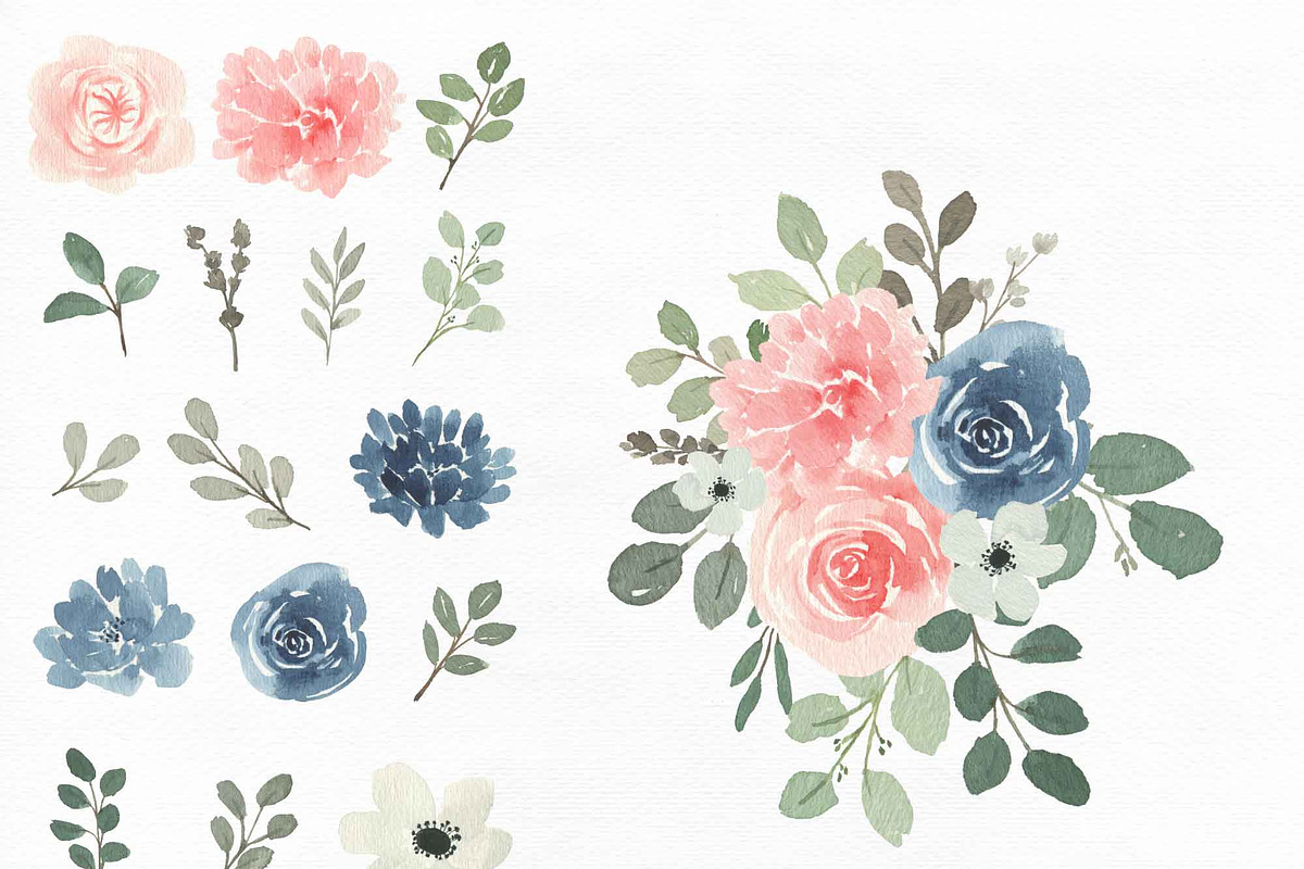 Blush and Navy Watercolor Florals, a Work Illustration by Momo Studio (Photo 11 of 12)