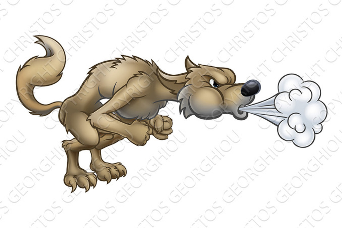 Cartoon Three Little Pigs Big Bad Wolf Blowing, an Animal Illustration by Christos Georghiou