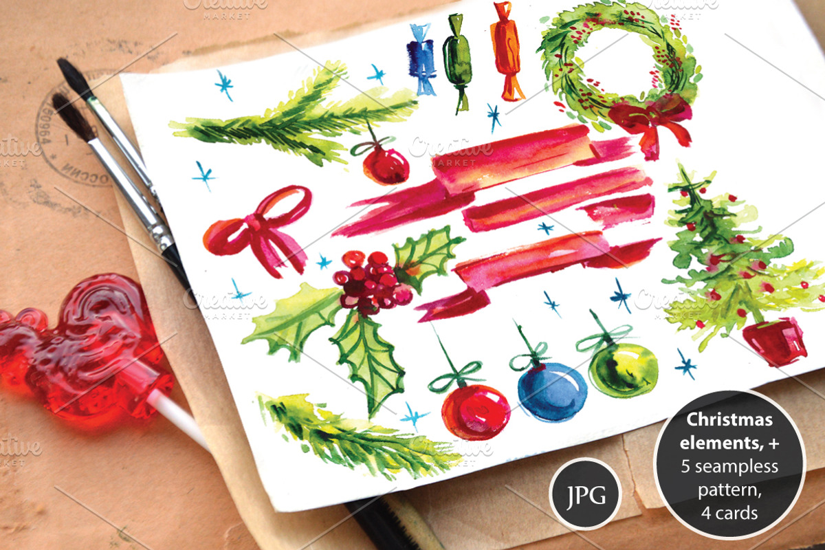 Watercolor Christmas decorations, a Decorative Illustration by Olesya Morokhovets (Photo 1 of 10)
