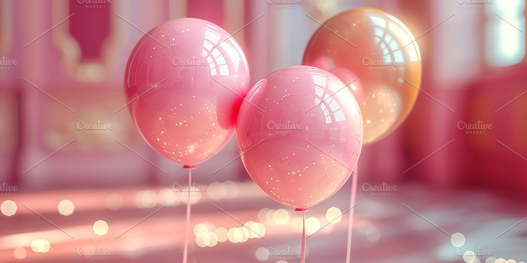 A trio of colorful balloons in pink and peach shades, softly illuminated agains, a Business Photo by ImageMir