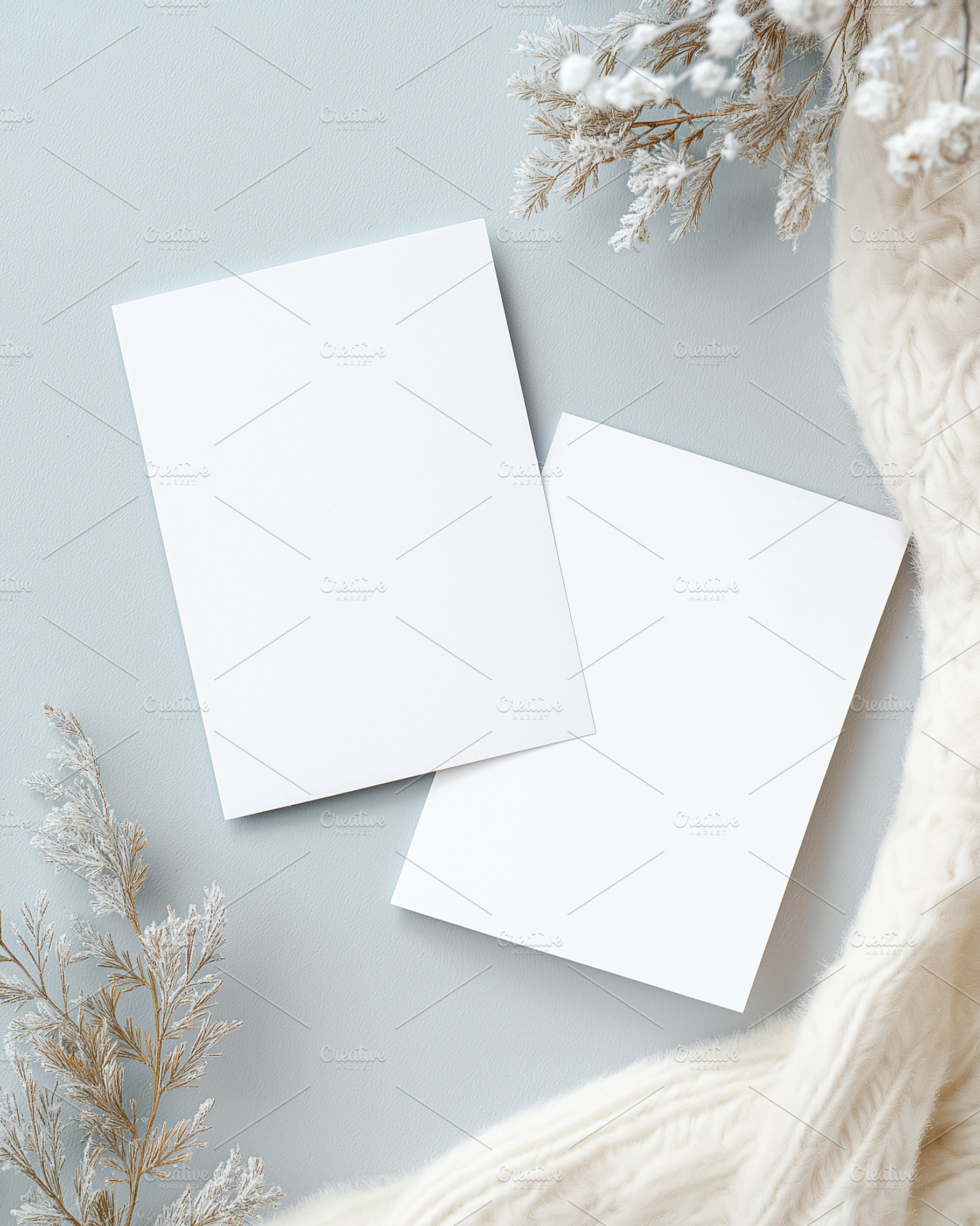 Blank vertical cards mockup with winter plant decoration and cozy sweater flat, a Holiday Photo by Studio ANNA