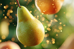 Floating apples and pears in a vibrant, garden-like setting during a sunny day, a Photo by AlyaAnd
