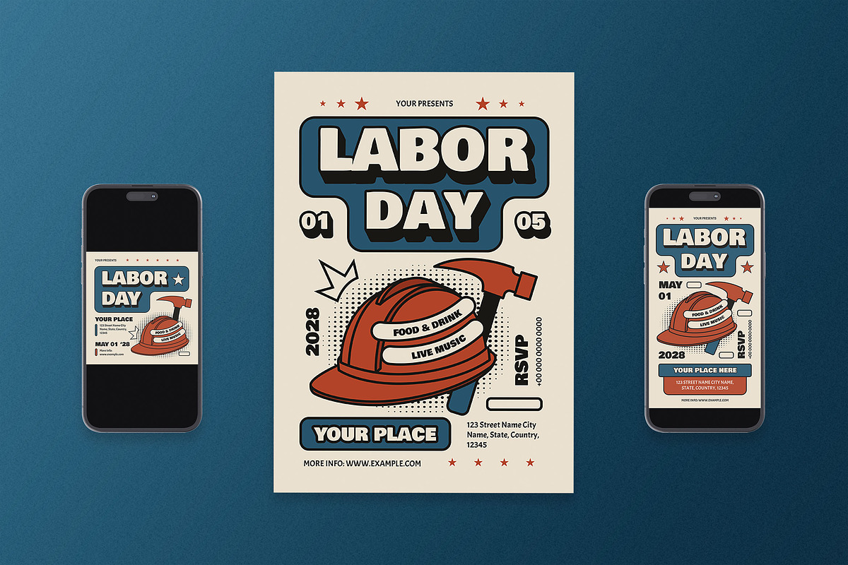 Blue Retro Labor Day Flyer Set, a Flyer Template by Aiyari Graphic (Photo 1 of 3)