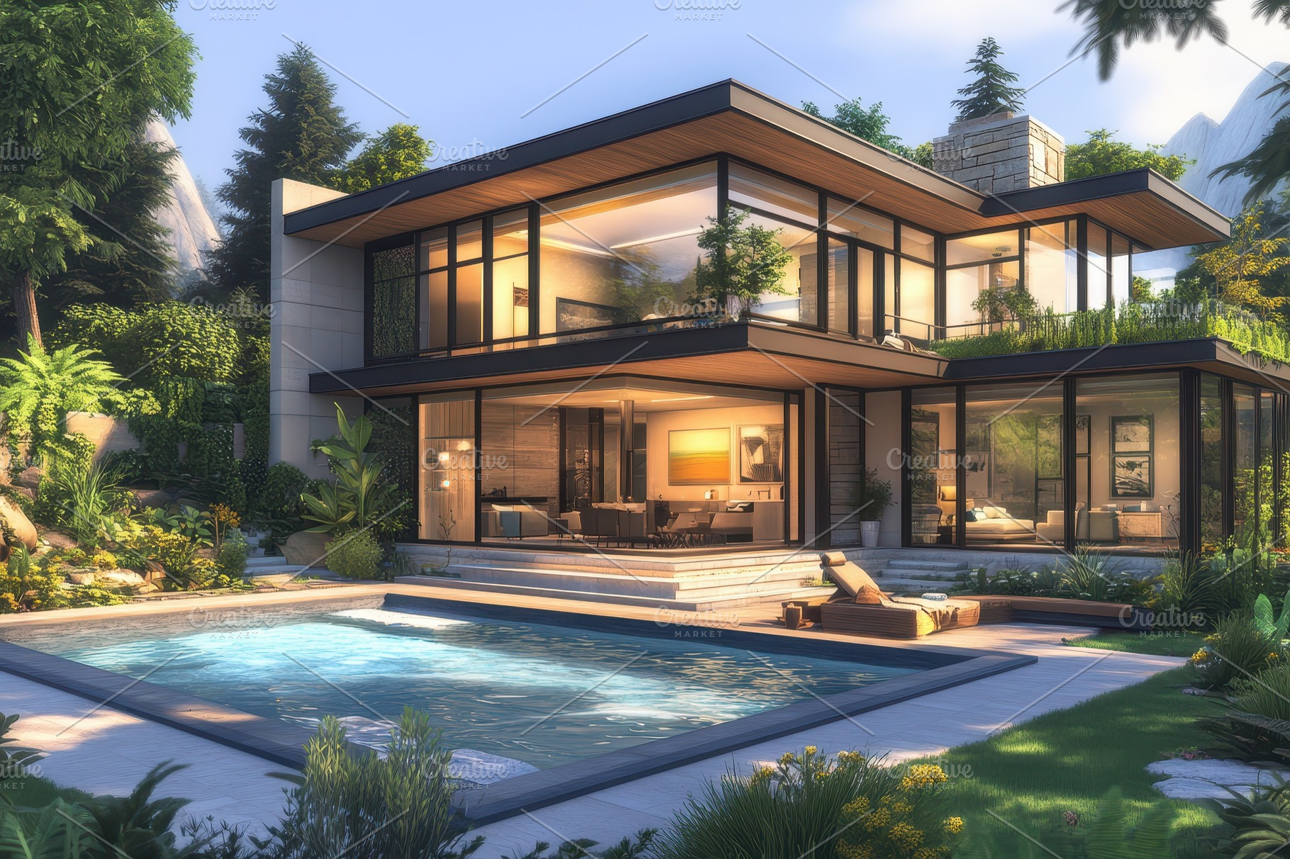 Modern Dream Home Luxurious Poolside, an Abstract Photo by Pixeness