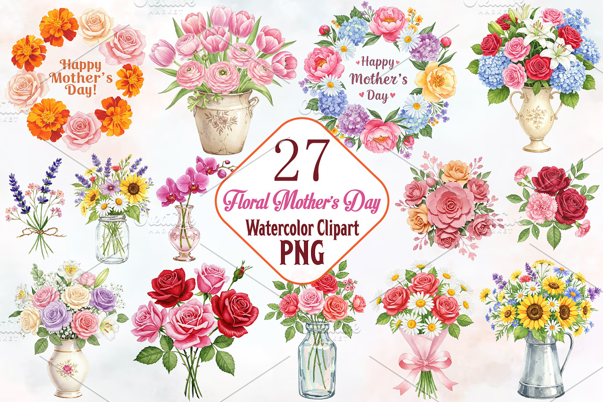 Floral Mothers Day Watercolor Clipar, an Illustration by RobertsArt (Photo 1 of 6)
